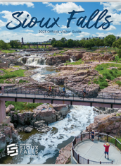 2023 Official Sioux Falls Visitor Guide publication cover showcasing the Falls of the Big Sioux River